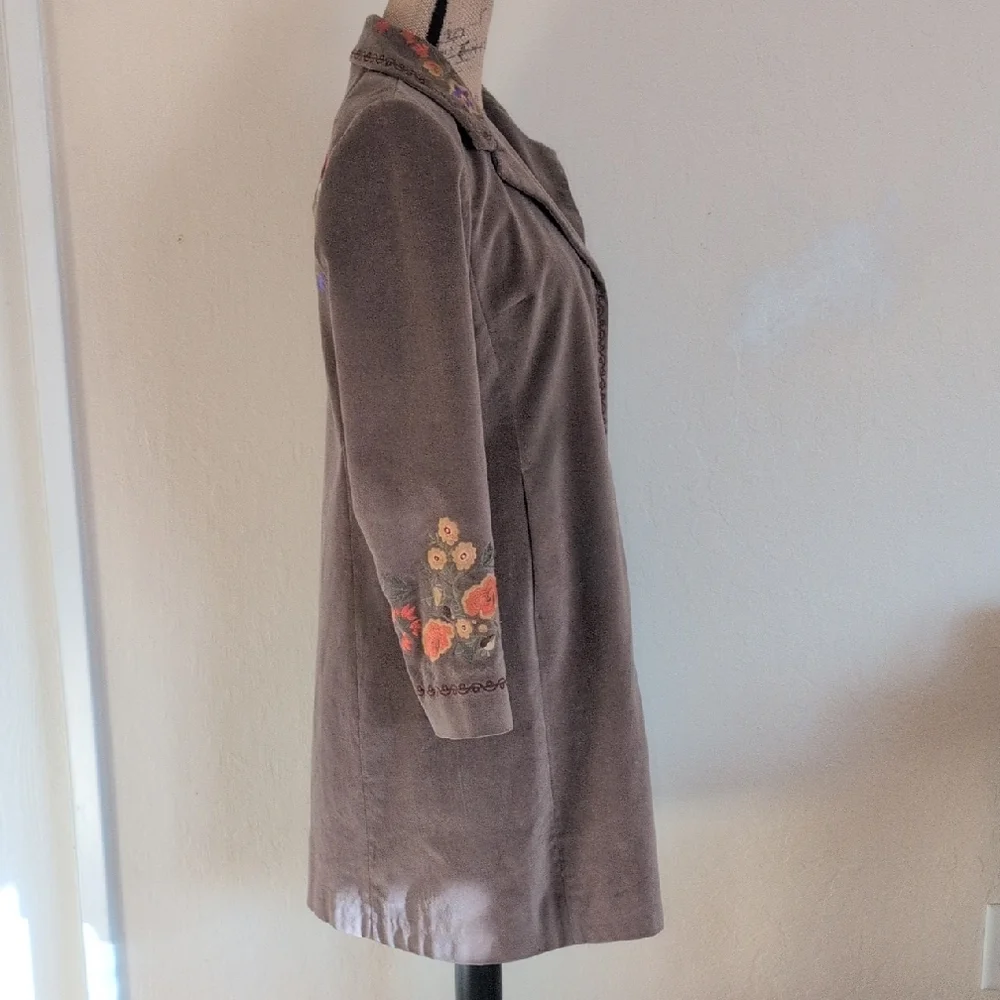 J. Jill Brown Velvet Embroidered Trench Coat Size XS - Picture 3 of 13